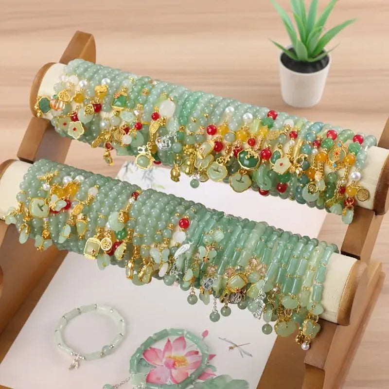 15/30Pcs Elegant Green Glass Elastic Bracelet Set - with Flower Butterfly Peanut Charm, Ideal for Daily & Gift Occasions Accessory