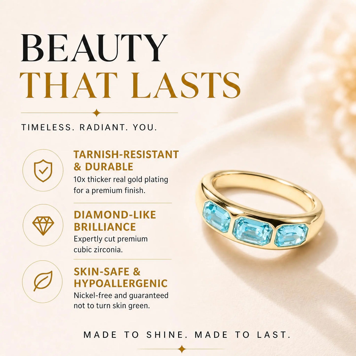 14K Gold Plated Triple Emerald-Cut Aquamarine Blue Dome Ring Chunky Statement Band for Women