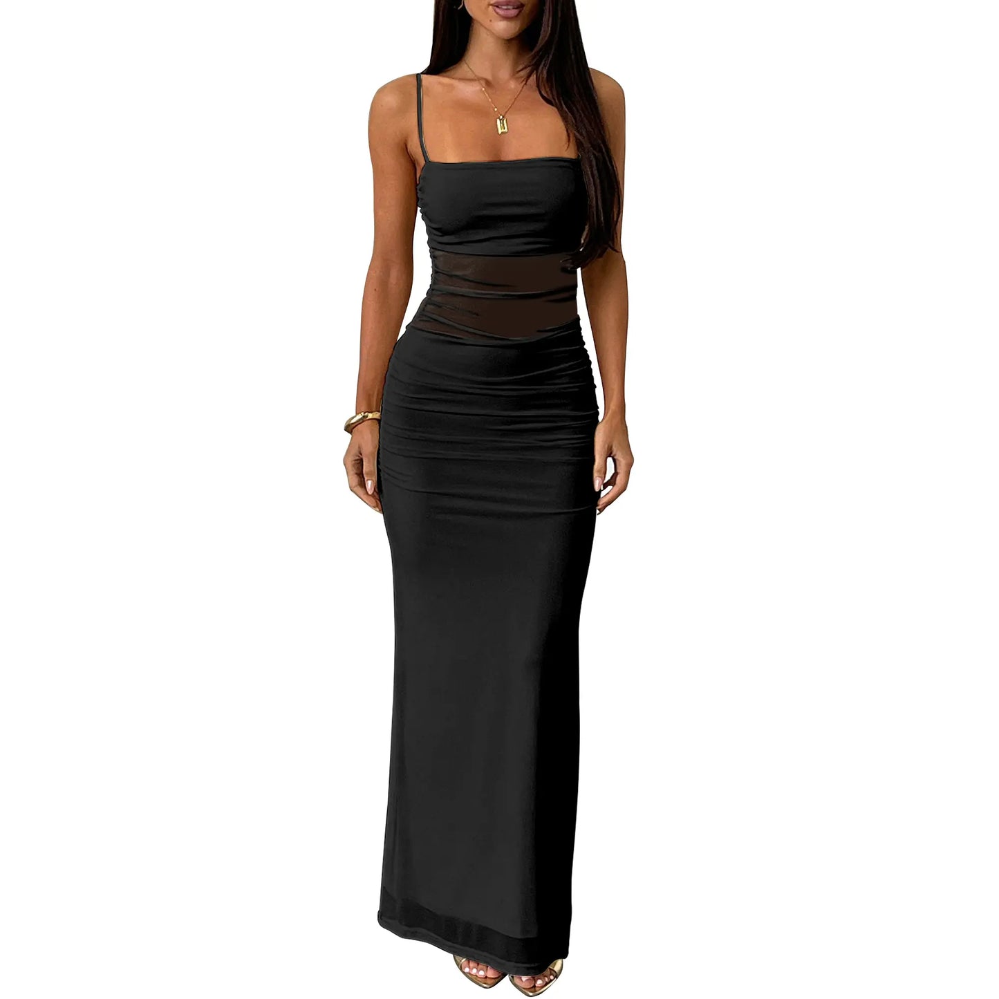 Kaximil Women'S Mesh Bodycon Maxi Dress Sexy Backless Square Neck Long Cocktail Dress for Wedding Guest, Summer Vacation, Graduation Prom & Party 2026 Ruched Spaghetti Strap Semi Formal Aesthetic Dress Breathable Soft Womenswear