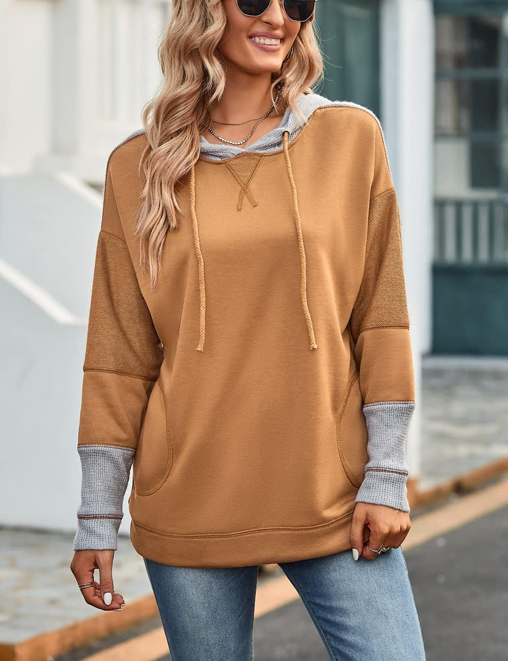 Chic & Cozy: Oversized Color Block Tunic Sweater in Khaki! Perfect for that laid-back look! 💖✨ #FashionFinds #SweaterWeather