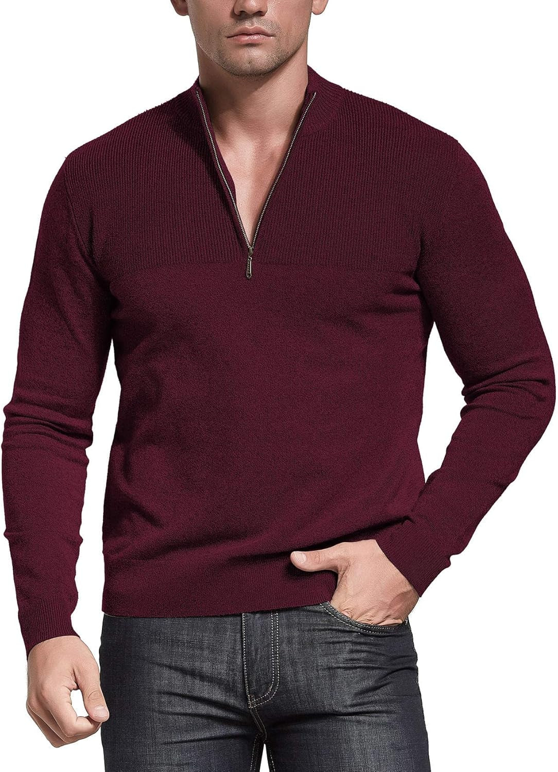 Upgrade your style with our Men's Slim Fit Zip-Up Mock Neck Polo Sweater! Perfect for casual outings, this long sleeve pullover features trendy ribbing edges. #Fashion #Menswear #StyleUpgrade