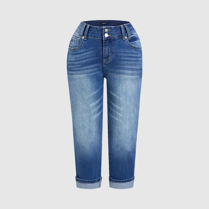 Flamingals Roll Hem Dual Button Mid Waist Straight Leg Crop Jeans Womenswear Stretchy 21.5" Inseam