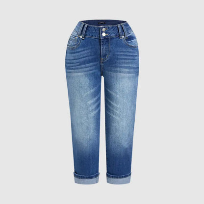 Flamingals Roll Hem Dual Button Mid Waist Straight Leg Crop Jeans Womenswear Stretchy 21.5" Inseam