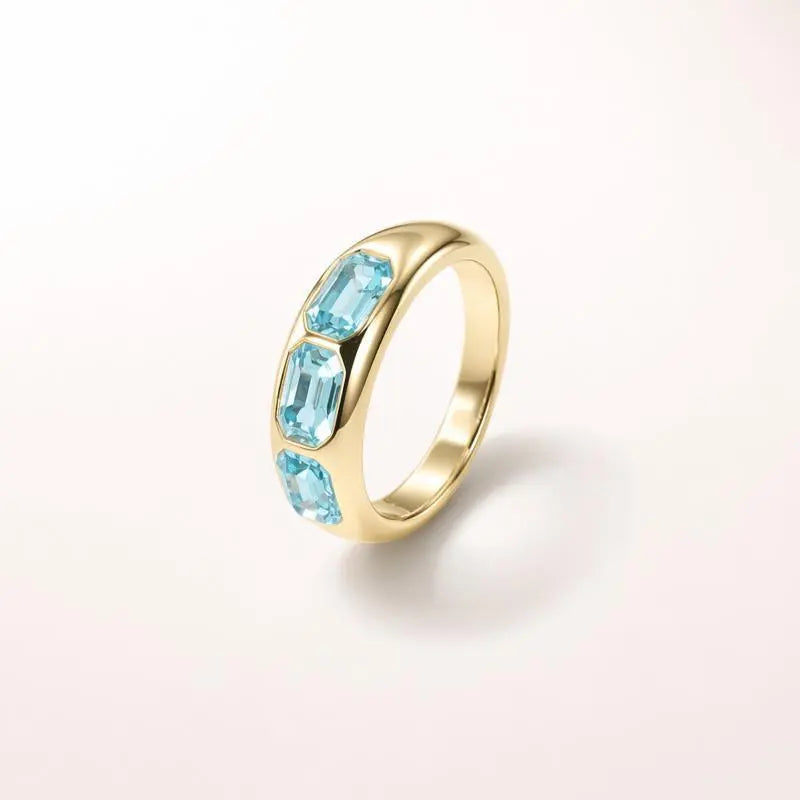 14K Gold Plated Triple Emerald-Cut Aquamarine Blue Dome Ring Chunky Statement Band for Women
