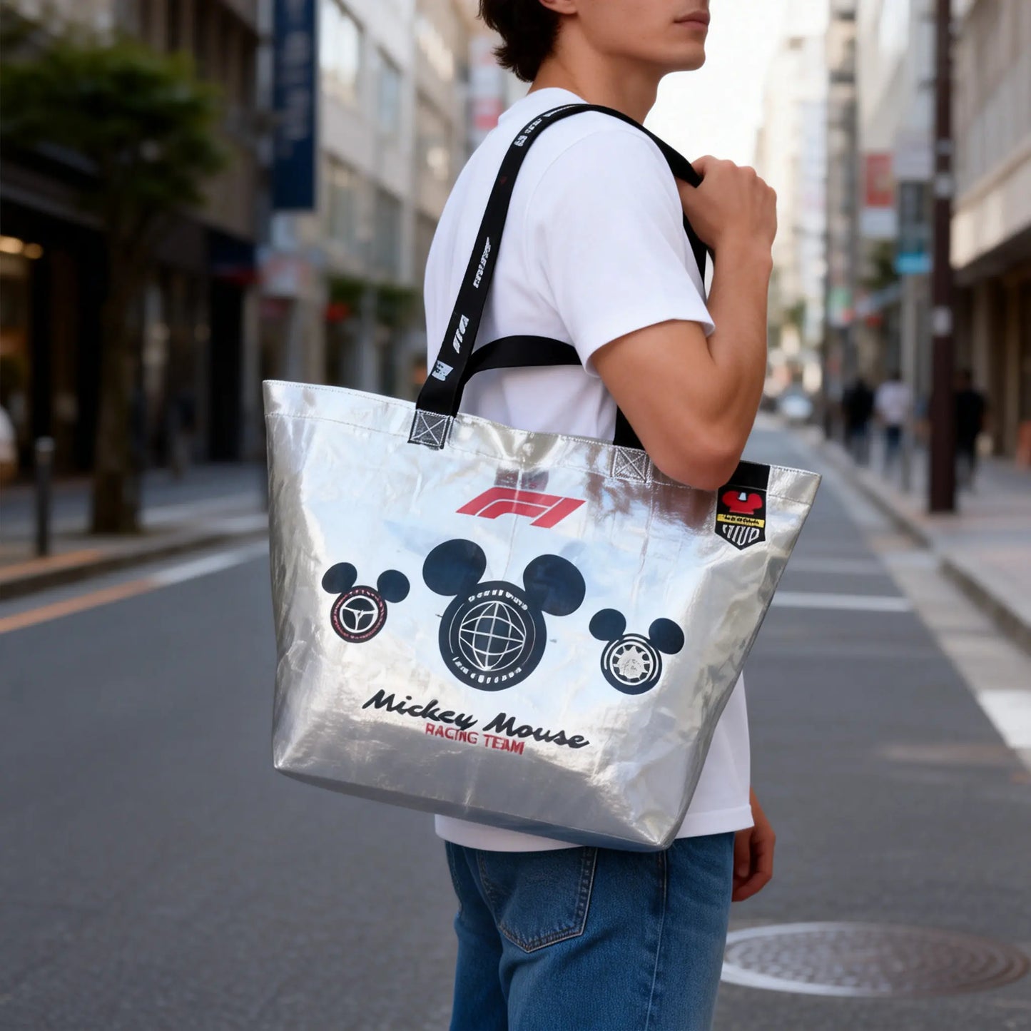 MINISO Mickey Mouse F1 Series Fashion Large Capacity Tote Bag Eco-Friendly Reusable Shopping Bag Cute Cartoon Design Portable Handbag for Daily Use Grocery Shopping Travel Versatile Storage Bag,Perfect Gift for Mom,#Summervibes