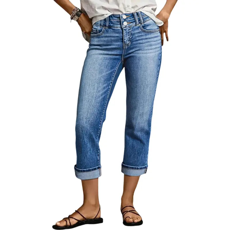 Flamingals Roll Hem Dual Button Mid Waist Straight Leg Crop Jeans Womenswear Stretchy 21.5" Inseam