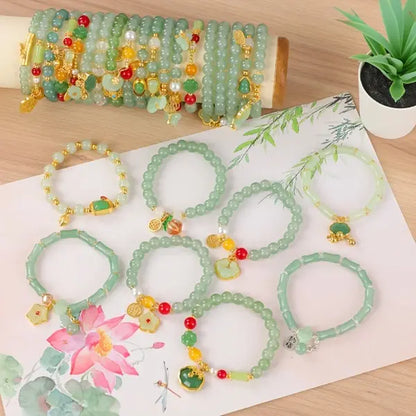 15/30Pcs Elegant Green Glass Elastic Bracelet Set - with Flower Butterfly Peanut Charm, Ideal for Daily & Gift Occasions Accessory
