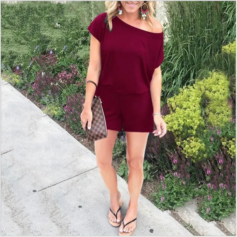 Elengatine Women off Shoulder Romper, Casual Short Jumpsuit with Drawstring Waist, Soft Stretchy Loose Fit One Piece, Summer Beach Outfit, Relaxed Lounge Wear, Comfortable Casual Wear for Daily Outings, Travel & Street Style