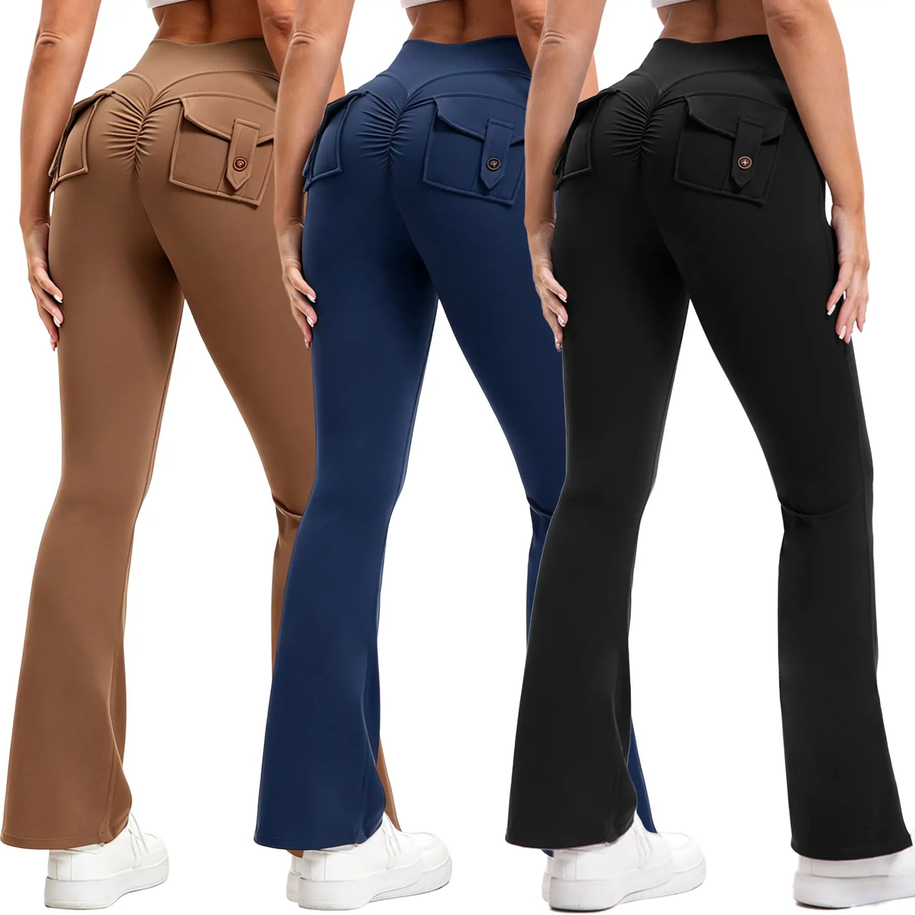 3PCS Women'S High-Waisted Boot Style Carved Pleated Buttocks Flare Leggings Stretch Training and Fitness Flared , Super Comfortable Daily Pants Shapewear Leggings Gym Exercise Leggings
