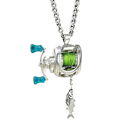 Mini Fishing Reel Necklace, Interactive Stainless Steel Pendant with Real Adjustable Line & Fish Charm , Unique Fidget Gift for Anglers, Dad, Fisherman
