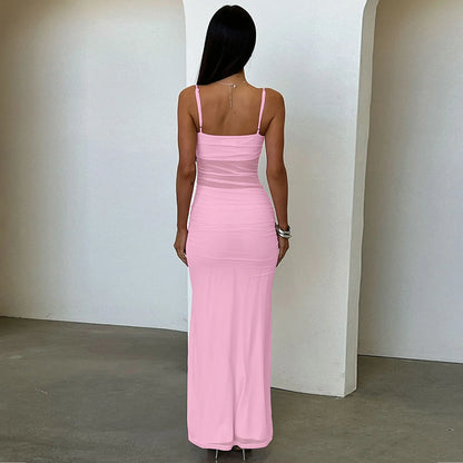 Kaximil Women'S Mesh Bodycon Maxi Dress Sexy Backless Square Neck Long Cocktail Dress for Wedding Guest, Summer Vacation, Graduation Prom & Party 2026 Ruched Spaghetti Strap Semi Formal Aesthetic Dress Breathable Soft Womenswear