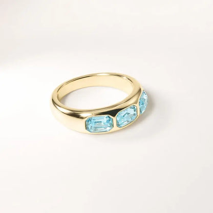 14K Gold Plated Triple Emerald-Cut Aquamarine Blue Dome Ring Chunky Statement Band for Women