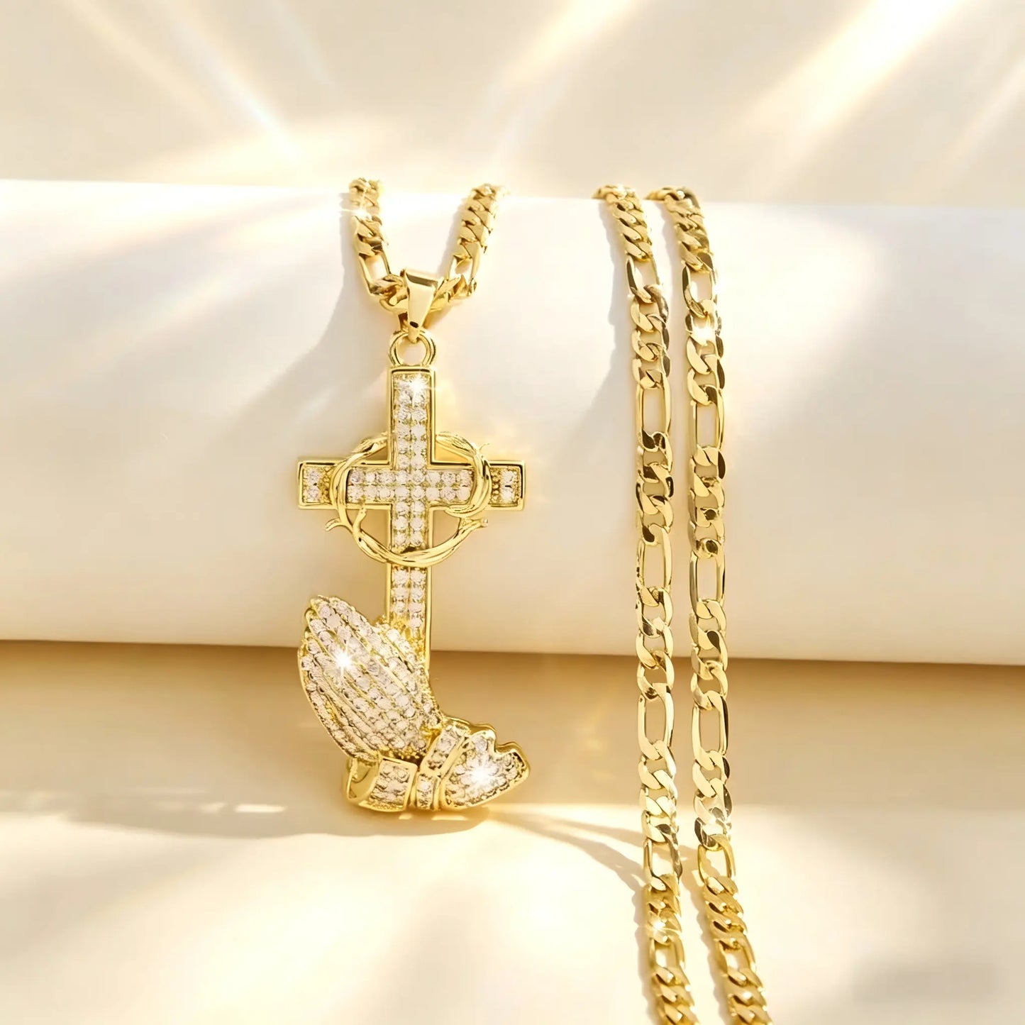 14K Gold Plated Boho Style Pendant Necklace with Cross & Prayer Hand Design - Sparkling Zirconia, Elegant Religious Jewelry for Weddings, Parties, and Special Occasions, Festive Accessory|Bohoinspired Design|Durable Chain, Christian Jewelry