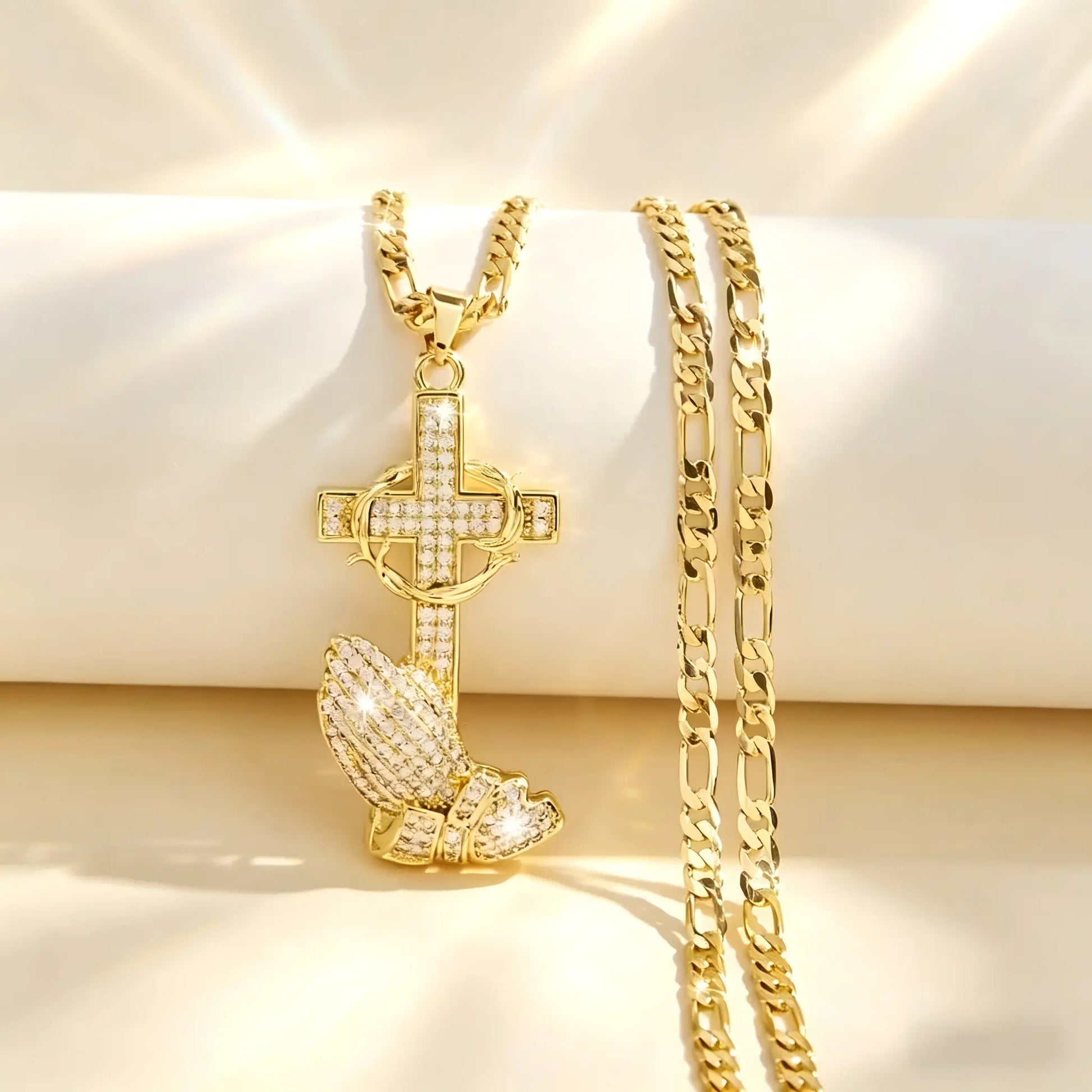 14K Gold Plated Boho Style Pendant Necklace with Cross & Prayer Hand Design - Sparkling Zirconia, Elegant Religious Jewelry for Weddings, Parties, and Special Occasions, Festive Accessory|Bohoinspired Design|Durable Chain, Christian Jewelry