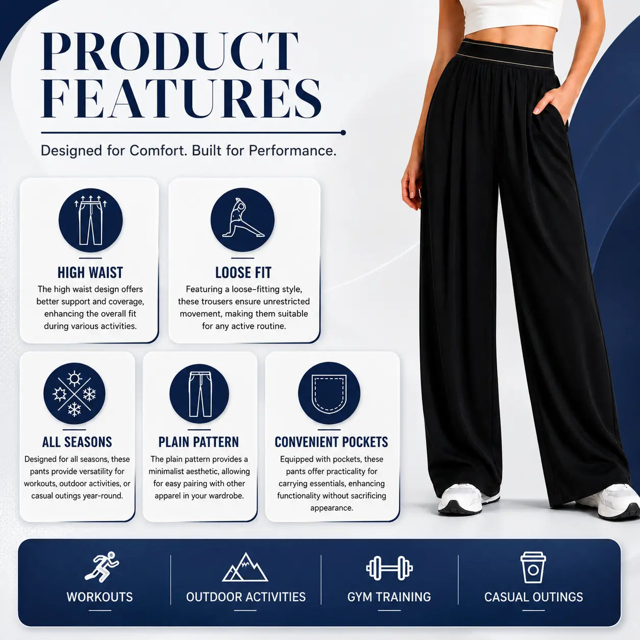 Women'S Stretch High-Waisted Wide-Leg Outdoor Trousers - American Retro, Loose Straight-Tube, Smooth, Soft, Lightweight, Quick-Drying, Breathable, Fit for Casual Daily Summer Sports Wear
