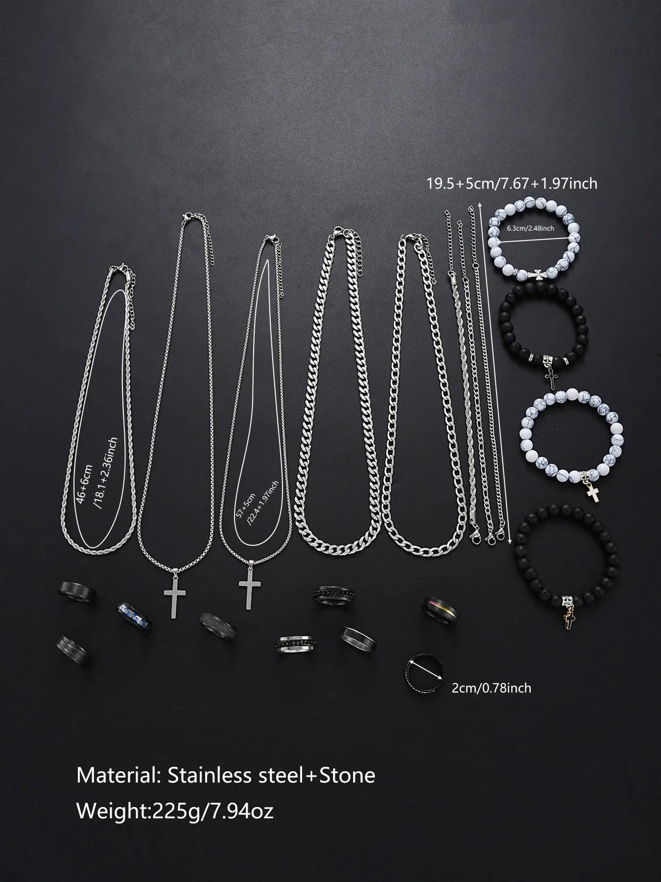 21-Piece Stainless Steel Jewelry Set for Men, Casual Punk Cross Pendant Necklace, Cuban Chain Set, Chain Bracelet, Ring Set, Perfect Gift for Dates