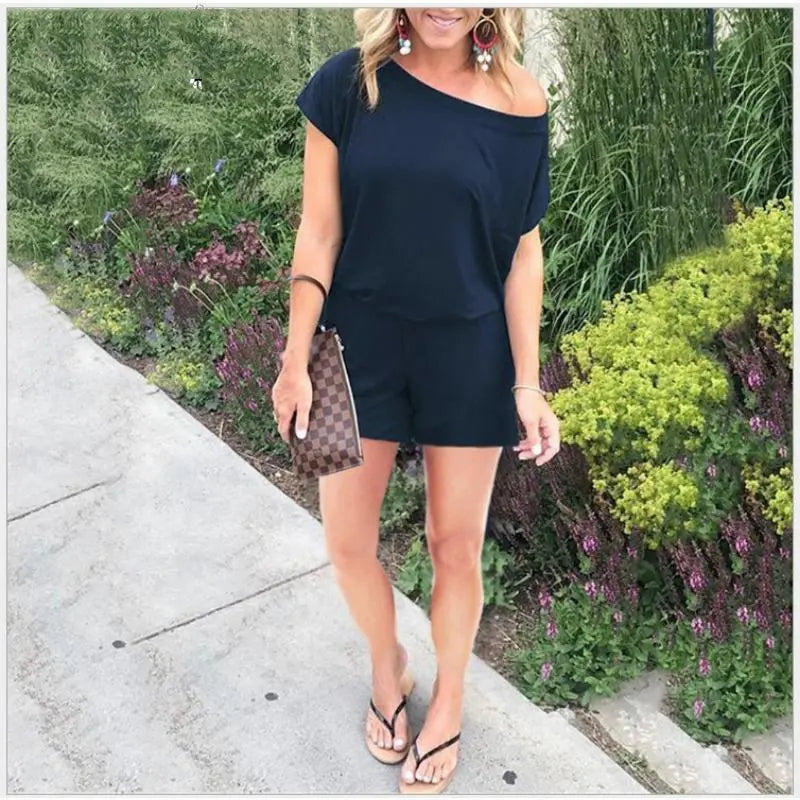 Elengatine Women off Shoulder Romper, Casual Short Jumpsuit with Drawstring Waist, Soft Stretchy Loose Fit One Piece, Summer Beach Outfit, Relaxed Lounge Wear, Comfortable Casual Wear for Daily Outings, Travel & Street Style
