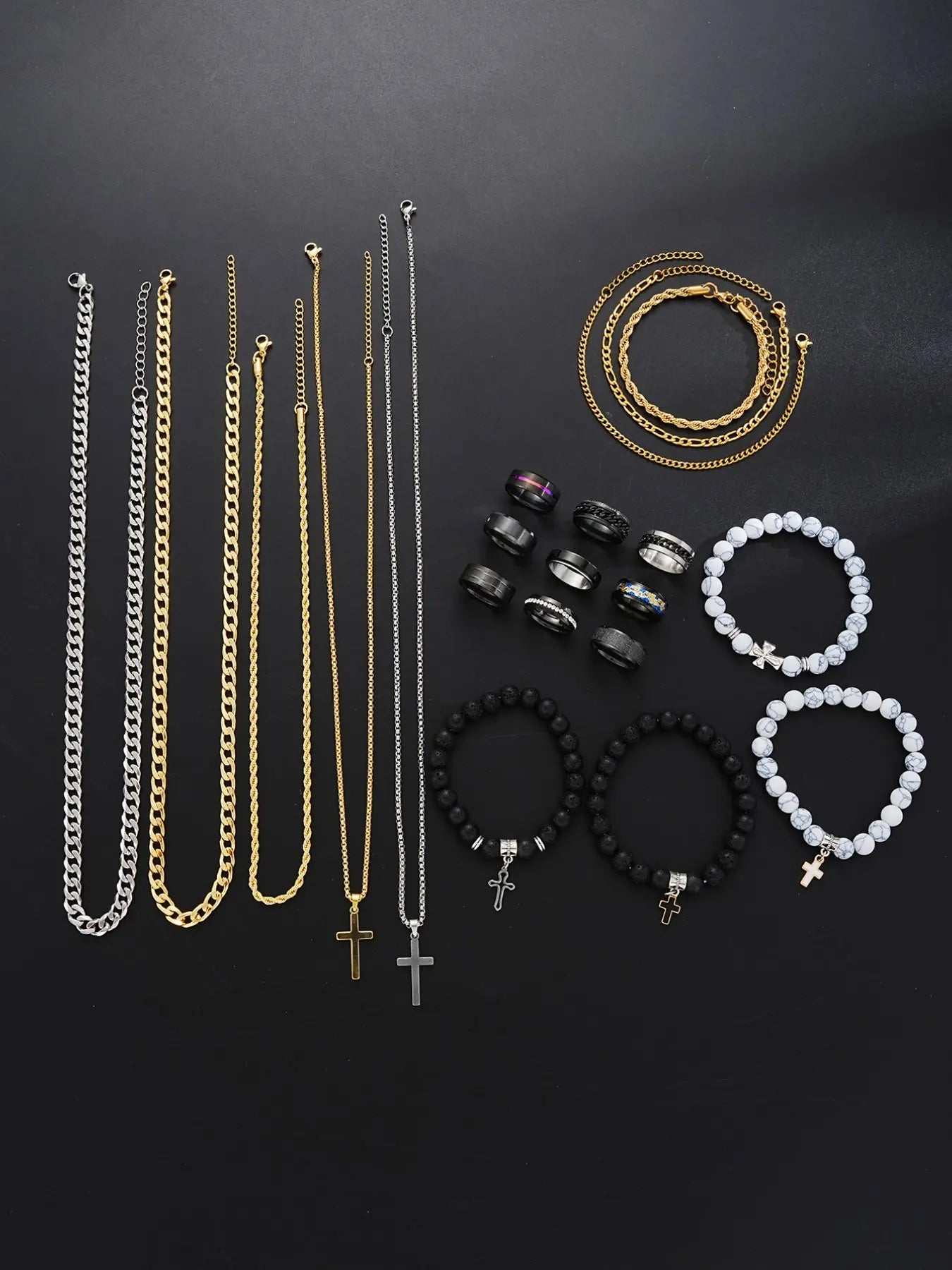 21-Piece Stainless Steel Jewelry Set for Men, Casual Punk Cross Pendant Necklace, Cuban Chain Set, Chain Bracelet, Ring Set, Perfect Gift for Dates