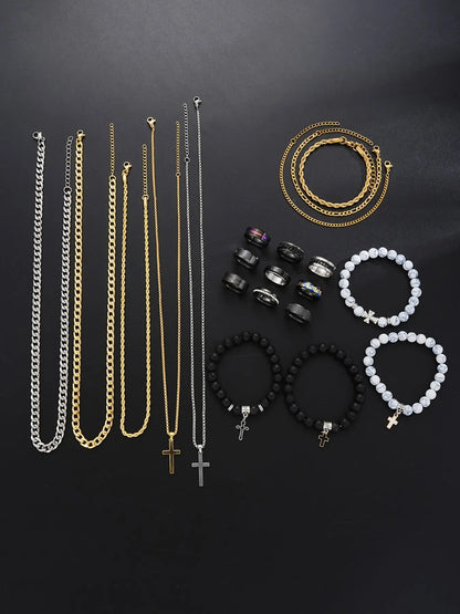 21-Piece Stainless Steel Jewelry Set for Men, Casual Punk Cross Pendant Necklace, Cuban Chain Set, Chain Bracelet, Ring Set, Perfect Gift for Dates
