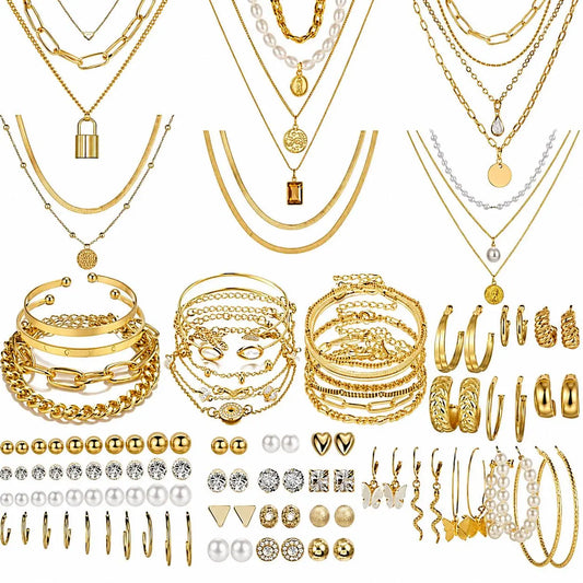 108PCS Gold Jewelry Set for Women, Gold Plated Necklace, Bracelet, Ring & Earrings, Trendy Layered Jewelry Collection #Summervibes