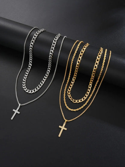 21-Piece Stainless Steel Jewelry Set for Men, Casual Punk Cross Pendant Necklace, Cuban Chain Set, Chain Bracelet, Ring Set, Perfect Gift for Dates