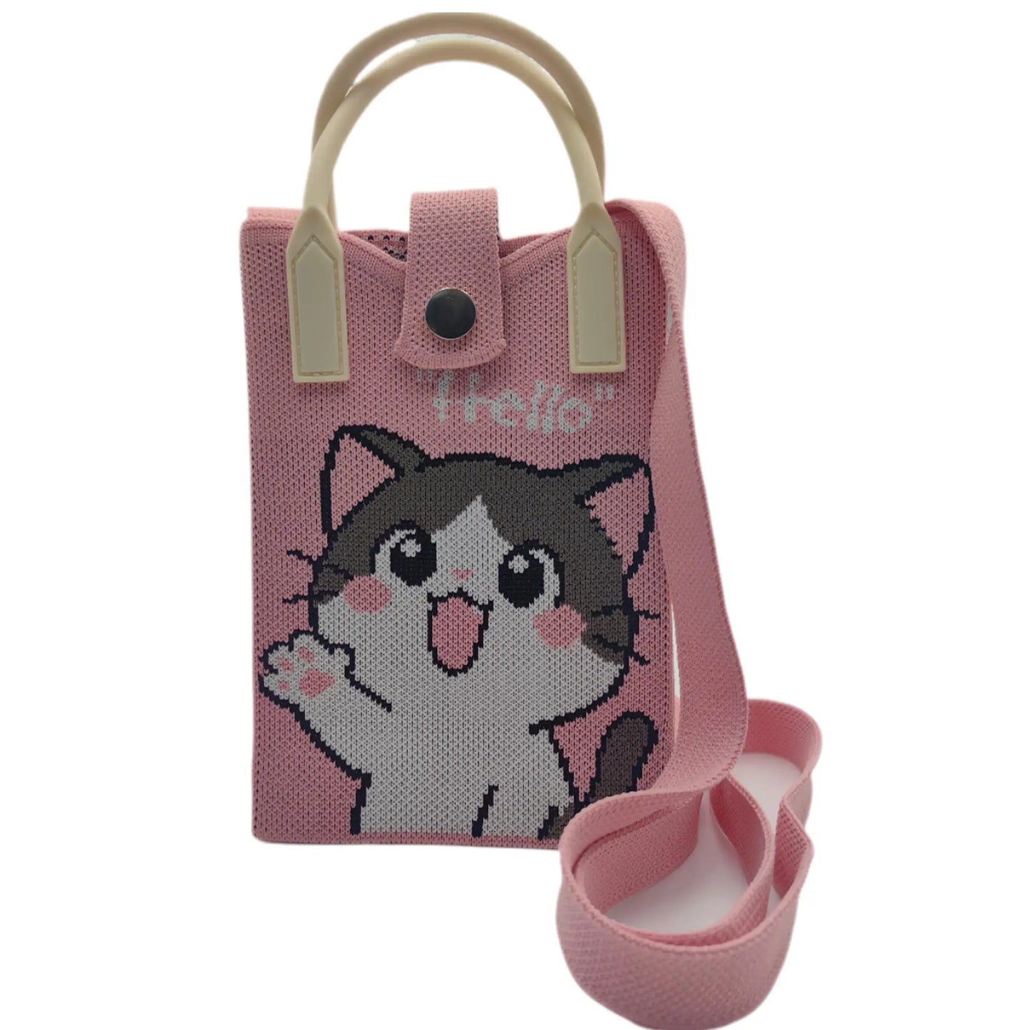 Cute Cat Phone Tote Bag Mini Knit Crossbody Bag Women Small Handbag with Shoulder Strap 4.72 X 7.09 X 1.97 Inches Practical Crochet Pouch for Cell Phone Keys and Lipsticks