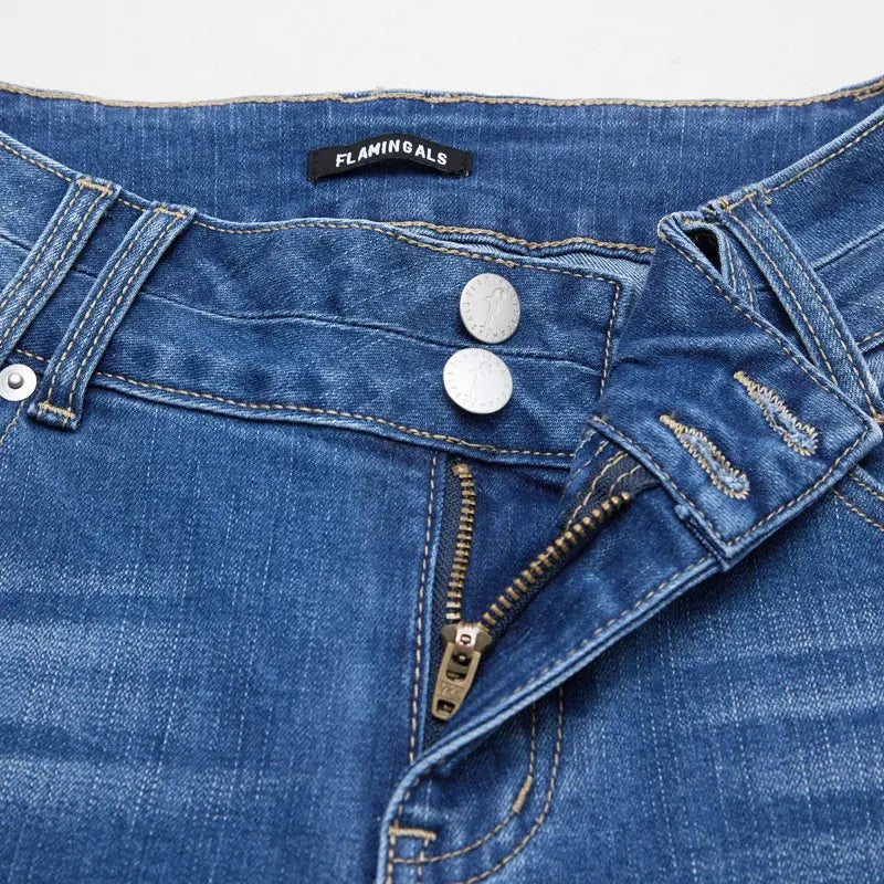 Flamingals Roll Hem Dual Button Mid Waist Straight Leg Crop Jeans Womenswear Stretchy 21.5" Inseam