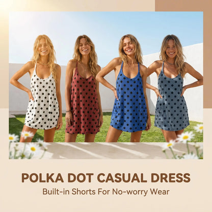 Tanming Women'S Sleeveless V-Neck Spaghetti Strap Summer Polka Dot Tennis Dress with Built-In Shorts & Pockets, Versatile for Active, Athleisure, Comfortable & Daily Casual Use, Active Casual Dresses