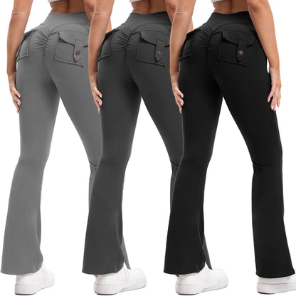 3PCS Women'S High-Waisted Boot Style Carved Pleated Buttocks Flare Leggings Stretch Training and Fitness Flared , Super Comfortable Daily Pants Shapewear Leggings Gym Exercise Leggings
