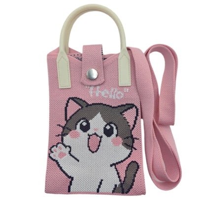 Cute Cat Phone Tote Bag Mini Knit Crossbody Bag Women Small Handbag with Shoulder Strap 4.72 X 7.09 X 1.97 Inches Practical Crochet Pouch for Cell Phone Keys and Lipsticks