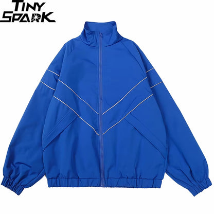 Elevate Your Style with Our Reflective Striped Hip Hop Jacket! Perfect for Streetwear Lovers! 🖤💙 #Fashion #StreetStyle #Harajuku