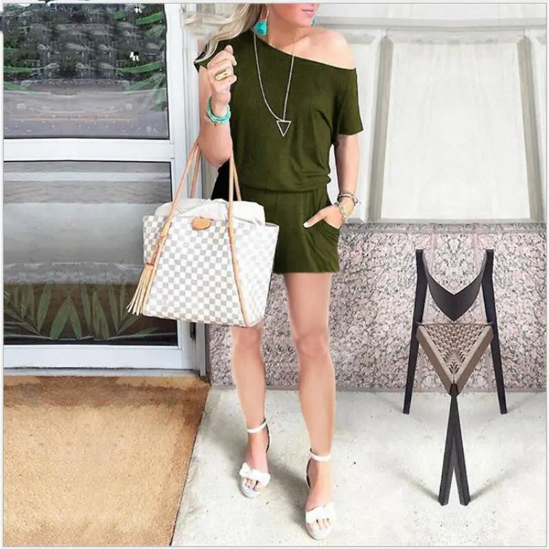 Elengatine Women off Shoulder Romper, Casual Short Jumpsuit with Drawstring Waist, Soft Stretchy Loose Fit One Piece, Summer Beach Outfit, Relaxed Lounge Wear, Comfortable Casual Wear for Daily Outings, Travel & Street Style
