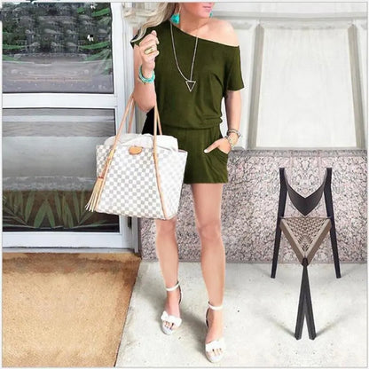 Elengatine Women off Shoulder Romper, Casual Short Jumpsuit with Drawstring Waist, Soft Stretchy Loose Fit One Piece, Summer Beach Outfit, Relaxed Lounge Wear, Comfortable Casual Wear for Daily Outings, Travel & Street Style