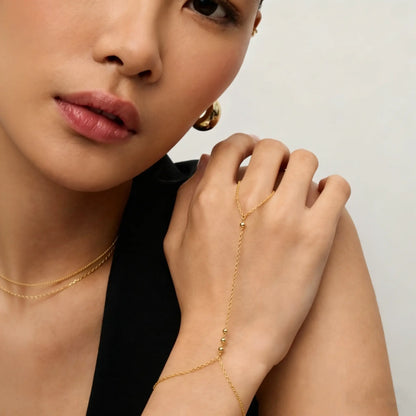 14K Gold Plated Hand Chains for Women - Dainty Cubic Zirconia Bracelet and Ring Handchain Jewelry - Lightweight Trendy Hand Chain Bracelet