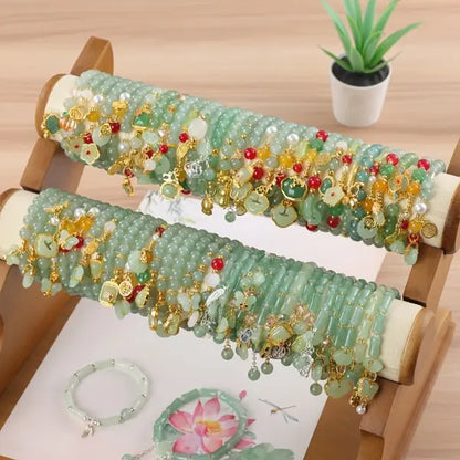 15/30Pcs Elegant Green Glass Elastic Bracelet Set - with Flower Butterfly Peanut Charm, Ideal for Daily & Gift Occasions Accessory