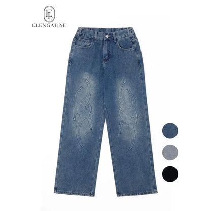 Elengatine Embossed Flame Pattern Denim Jeans for Women Light Wash Loose Wide Leg Silhouette Elastic Waistband Y2K Streetwear Inspired Soft Viscose Cotton Blend Casual Outfits Stand Out Fashion Piece