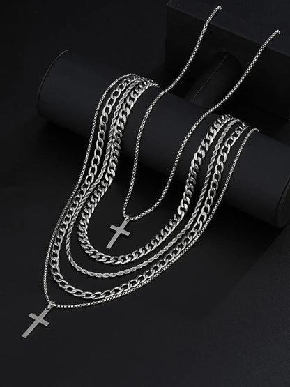 21-Piece Stainless Steel Jewelry Set for Men, Casual Punk Cross Pendant Necklace, Cuban Chain Set, Chain Bracelet, Ring Set, Perfect Gift for Dates