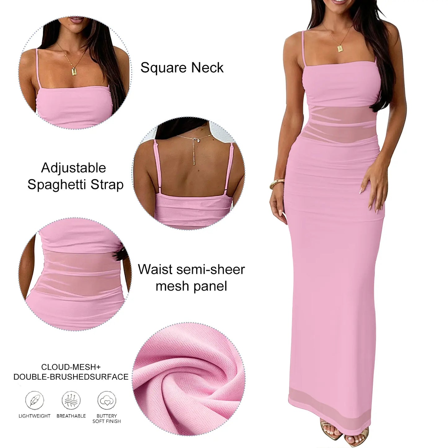 Kaximil Women'S Mesh Bodycon Maxi Dress Sexy Backless Square Neck Long Cocktail Dress for Wedding Guest, Summer Vacation, Graduation Prom & Party 2026 Ruched Spaghetti Strap Semi Formal Aesthetic Dress Breathable Soft Womenswear
