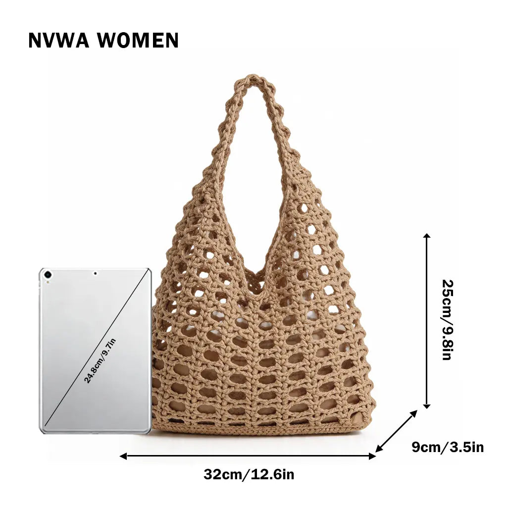 The Boho Crochet Tote - Elegant Beige Macrame Net Bag with Inner Lining for Summer Beach Market