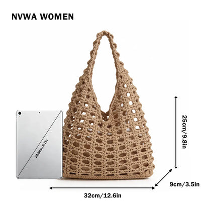 The Boho Crochet Tote - Elegant Beige Macrame Net Bag with Inner Lining for Summer Beach Market