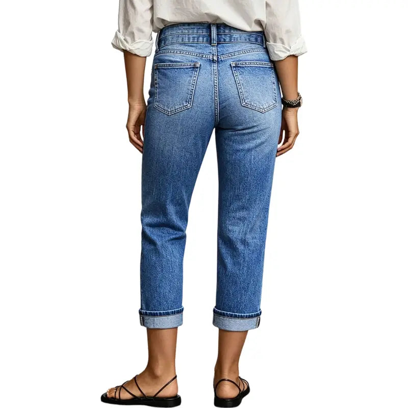 Flamingals Roll Hem Dual Button Mid Waist Straight Leg Crop Jeans Womenswear Stretchy 21.5" Inseam