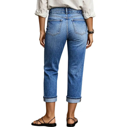 Flamingals Roll Hem Dual Button Mid Waist Straight Leg Crop Jeans Womenswear Stretchy 21.5" Inseam