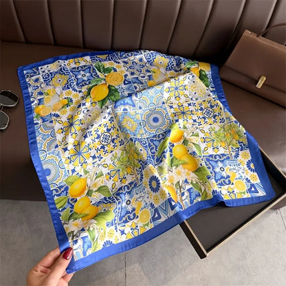 1PC Blue Imitation Silk Square Scarf, a Stylish Lemon Print Headscarf, a Women'S Decorative Neckerchief, a Soft and Silky Shawl Suitable for All Seasons, Floral Headscarf