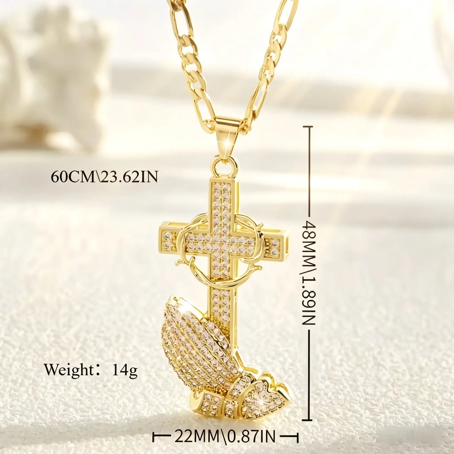 14K Gold Plated Boho Style Pendant Necklace with Cross & Prayer Hand Design - Sparkling Zirconia, Elegant Religious Jewelry for Weddings, Parties, and Special Occasions, Festive Accessory|Bohoinspired Design|Durable Chain, Christian Jewelry