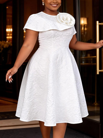 Elegant Chic White a Line Dress Women Floral Jacquard Cape Sleeve Midi Dress Wedding Guest Church Dress Big Flower Detail High Waist Flow Formal Party Occasion Dress Womenswear