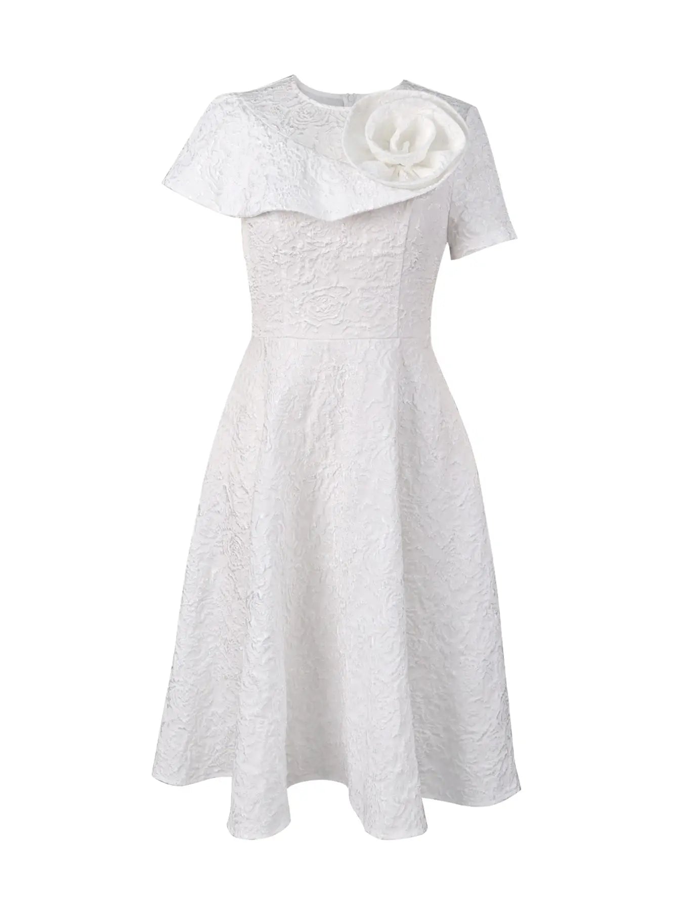 Elegant Chic White a Line Dress Women Floral Jacquard Cape Sleeve Midi Dress Wedding Guest Church Dress Big Flower Detail High Waist Flow Formal Party Occasion Dress Womenswear
