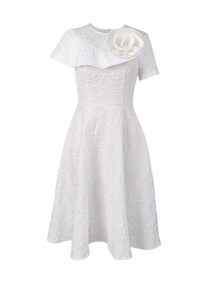 Elegant Chic White a Line Dress Women Floral Jacquard Cape Sleeve Midi Dress Wedding Guest Church Dress Big Flower Detail High Waist Flow Formal Party Occasion Dress Womenswear