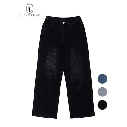 Elengatine Embossed Flame Pattern Denim Jeans for Women Light Wash Loose Wide Leg Silhouette Elastic Waistband Y2K Streetwear Inspired Soft Viscose Cotton Blend Casual Outfits Stand Out Fashion Piece