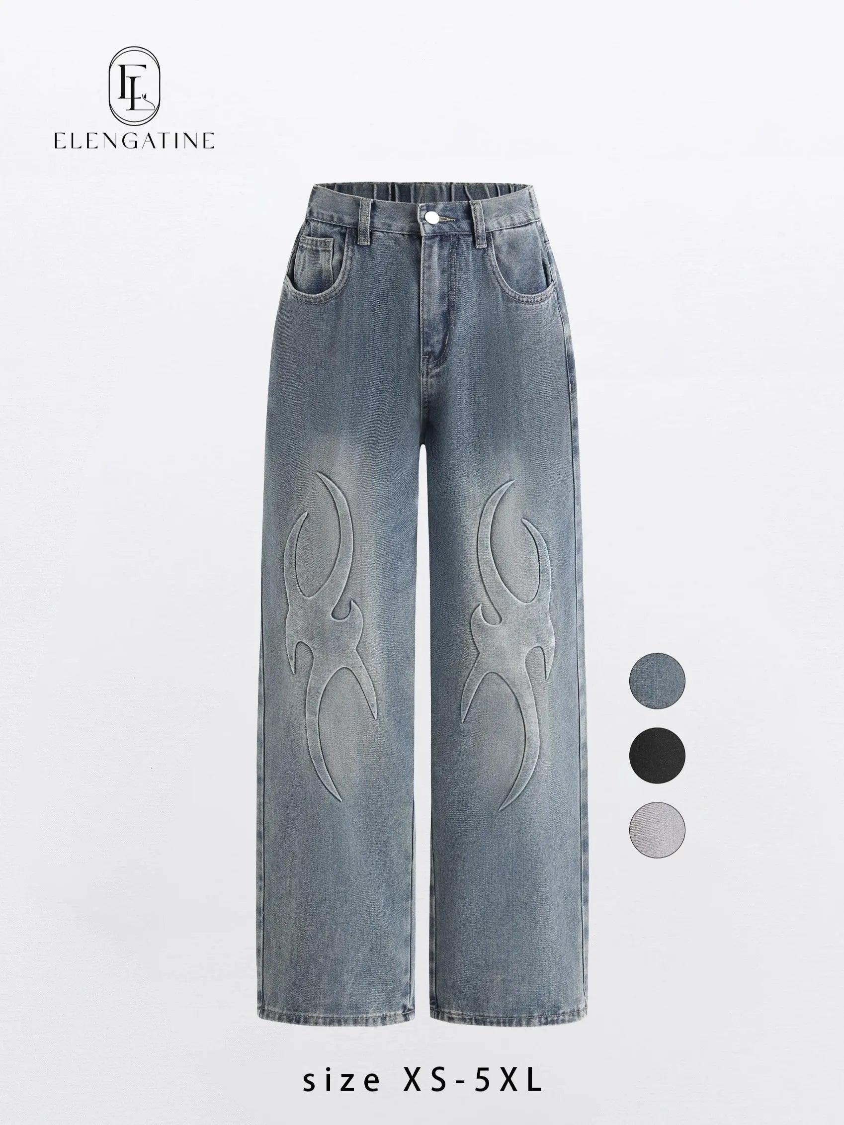 Elengatine Embossed Flame Pattern Denim Jeans for Women Light Wash Loose Wide Leg Silhouette Elastic Waistband Y2K Streetwear Inspired Soft Viscose Cotton Blend Casual Outfits Stand Out Fashion Piece