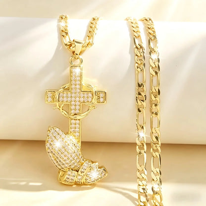 14K Gold Plated Boho Style Pendant Necklace with Cross & Prayer Hand Design - Sparkling Zirconia, Elegant Religious Jewelry for Weddings, Parties, and Special Occasions, Festive Accessory|Bohoinspired Design|Durable Chain, Christian Jewelry